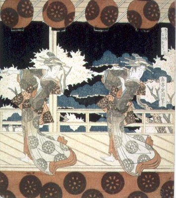 Två dansare uppträder på scenen, från The Dance at Furuichi för Hisakataya Group-serien, ca 1822 (bläck) av Yashima Gakutei