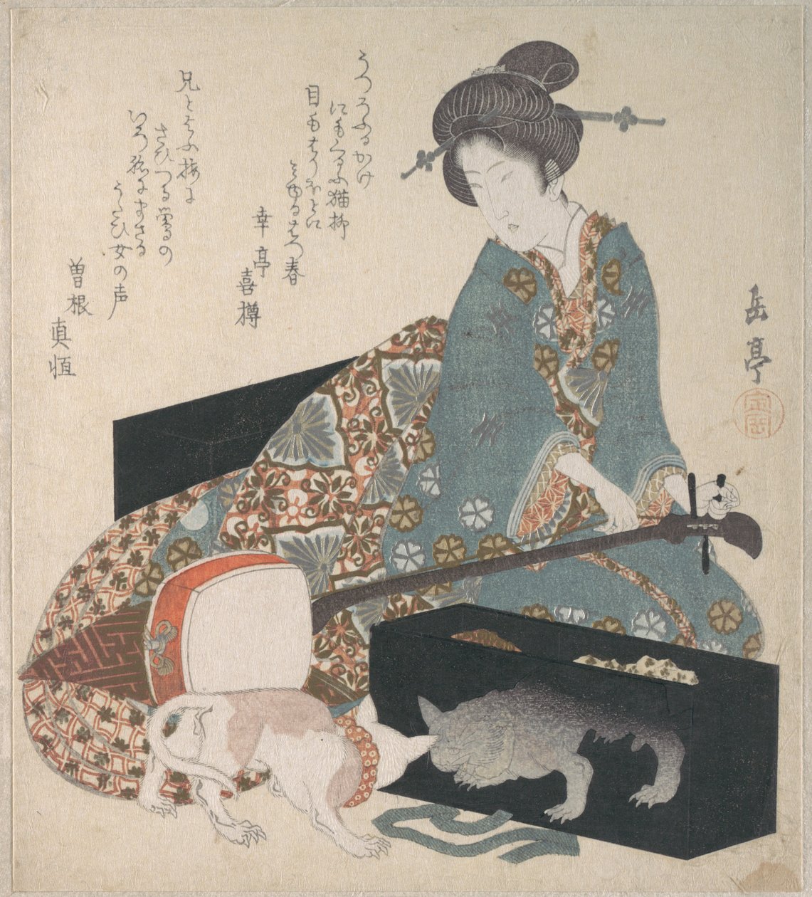 Kvinna som stämmer en shamisen och en katt som ser på sin egen spegelbild av Yashima Gakutei