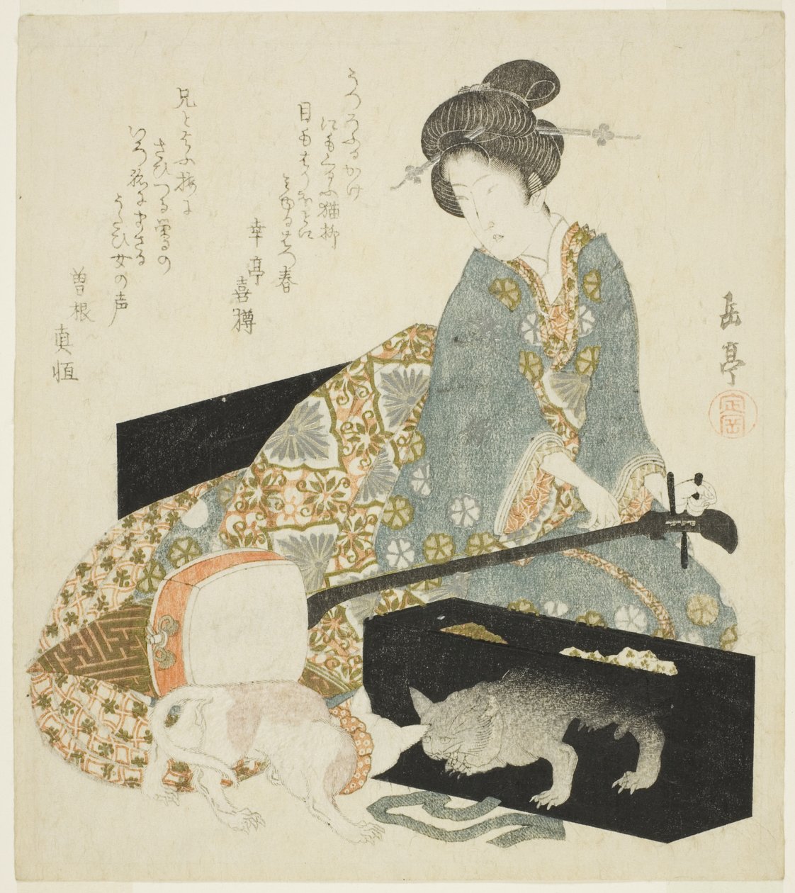 Kvinna med Shamisen och katt av Yashima Gakutei