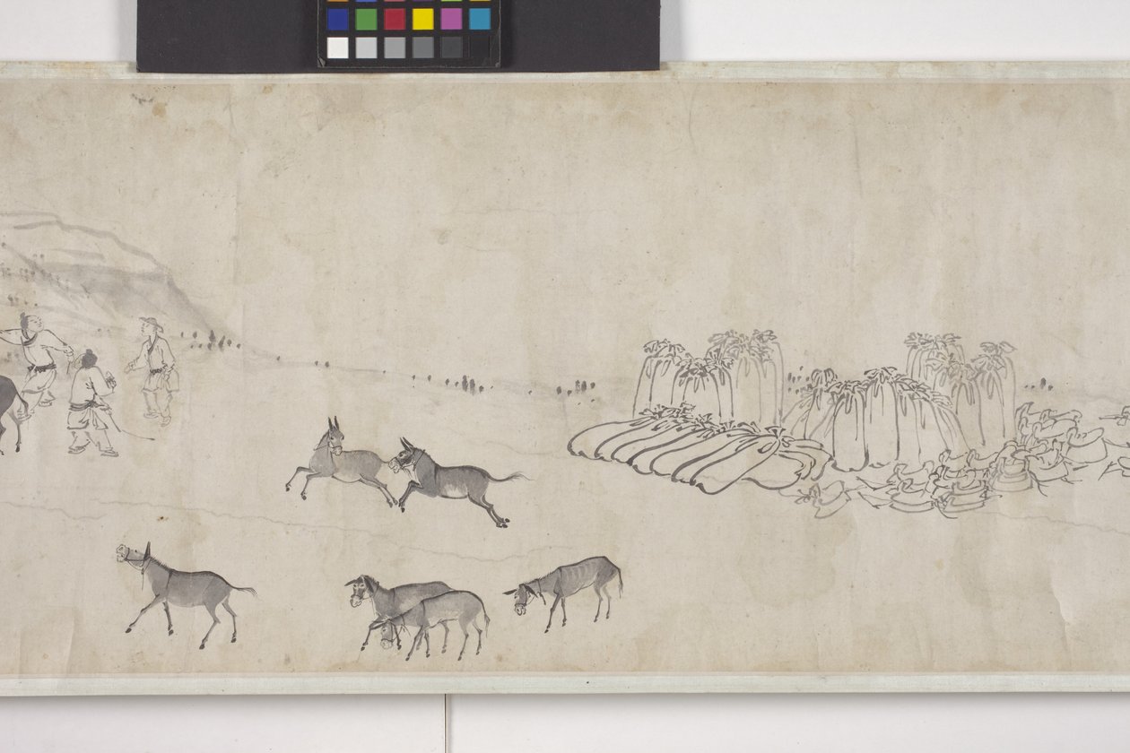 Hundra åsnor transporterar spannmål, Handscroll, ca 1700 (bläck på papper) av Ye Yin