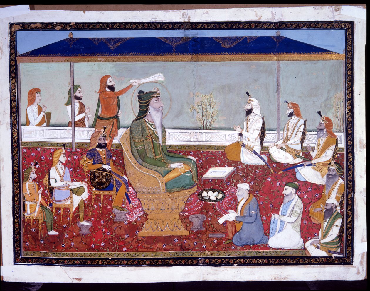 Ranjit Singh på sin gyllene tron, ca 1830 av Yechu Mussavir
