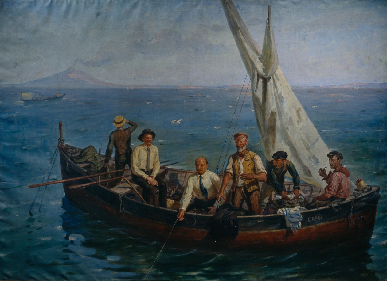 Lenin och författaren Maxim Gorkij med fiskarna på Capriön, 1946 av Yefim Mikhailovich Tcheptsov