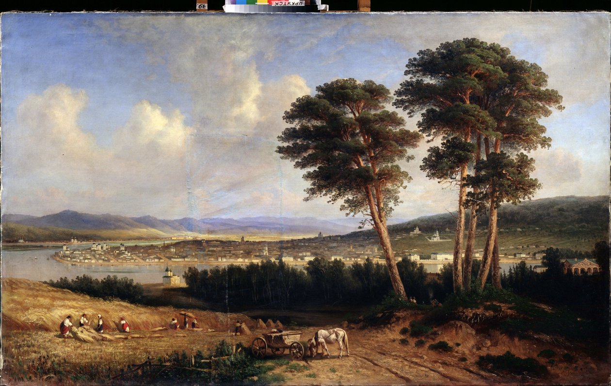 Vy över Irkutsk (Sibirien, Ryssland). (Utsikt över Irkutsk). Målning av Yegor Yegorovich Meier (1822-1867), olja på duk av Yegor Yegorovich Meier
