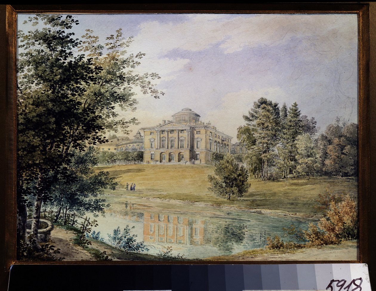 Utsikt över Pavlovsk-palatset (Sankt Petersburg). (Utsikt över Pavlovskpalatset). Byggt mellan 1782 och 1786 av arkitekten Charles Cameron. Verk av Yegor Yegorovich Meier (1822-1867), akvarell på papper av Yegor Yegorovich Meier