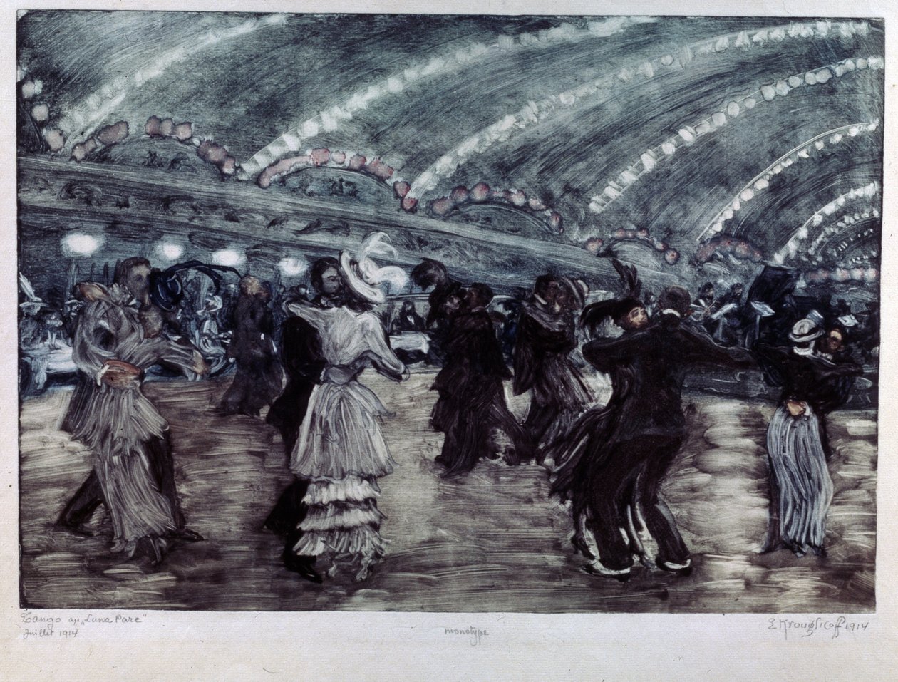 Tango a Luna Park (Tango Dance at Luna Park). Par dansare på ett brett golv, upplysta från taket av girlander av ljus. Konstverk av Yelisaveta (Elisabeth) Sergeyevna Kruglikova (Elizaveta Sergeevna Krouglikova) (1865-1941), gravyr ( av Yelisaveta Sergeyevna Kruglikova