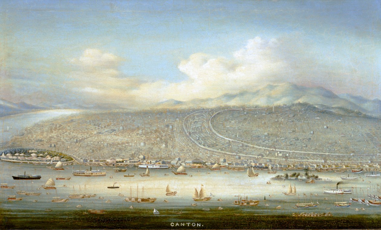 Vy över Kanton med Shamian Island 1865, ca 1880 (olja på pannå) av Yichang Yichang