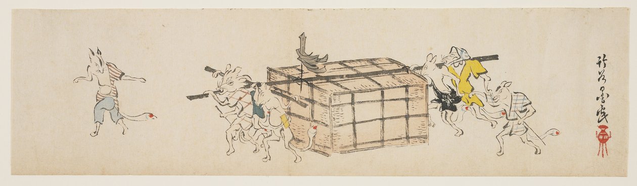 White Foxes Carrying a Coffer, c.1840 (träblock i färg) av Yoda Chikkoku