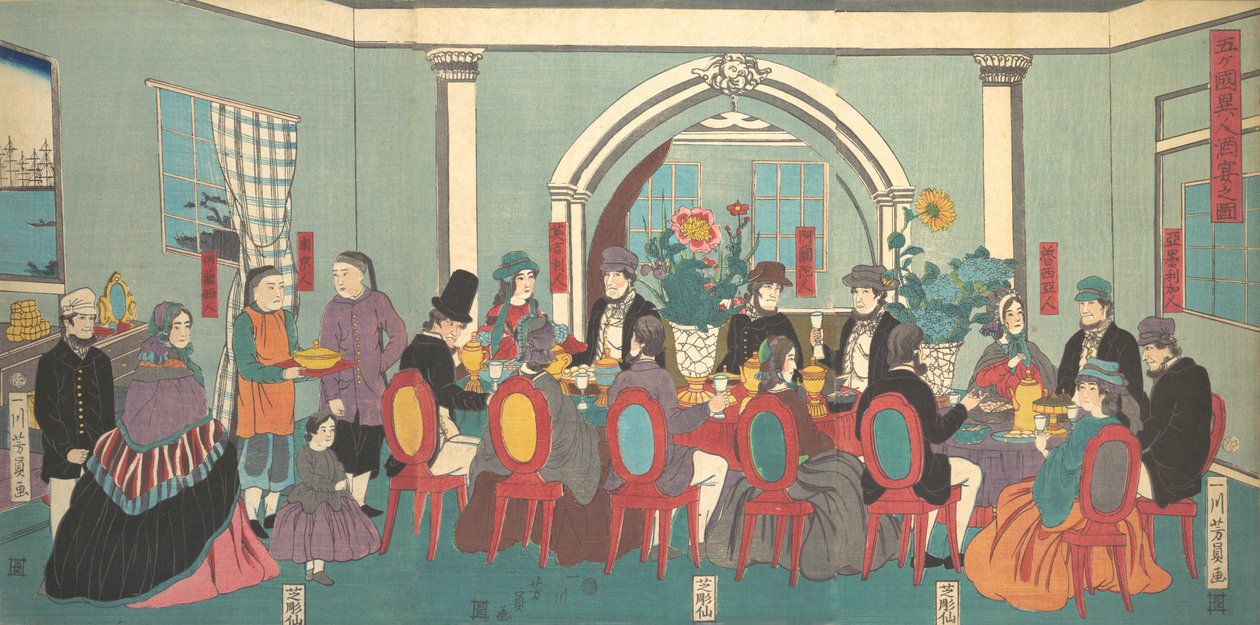 Utlänningar från de fem nationerna åtnjuter en bankett, 3:e månaden, 1861. av Yoshikazu