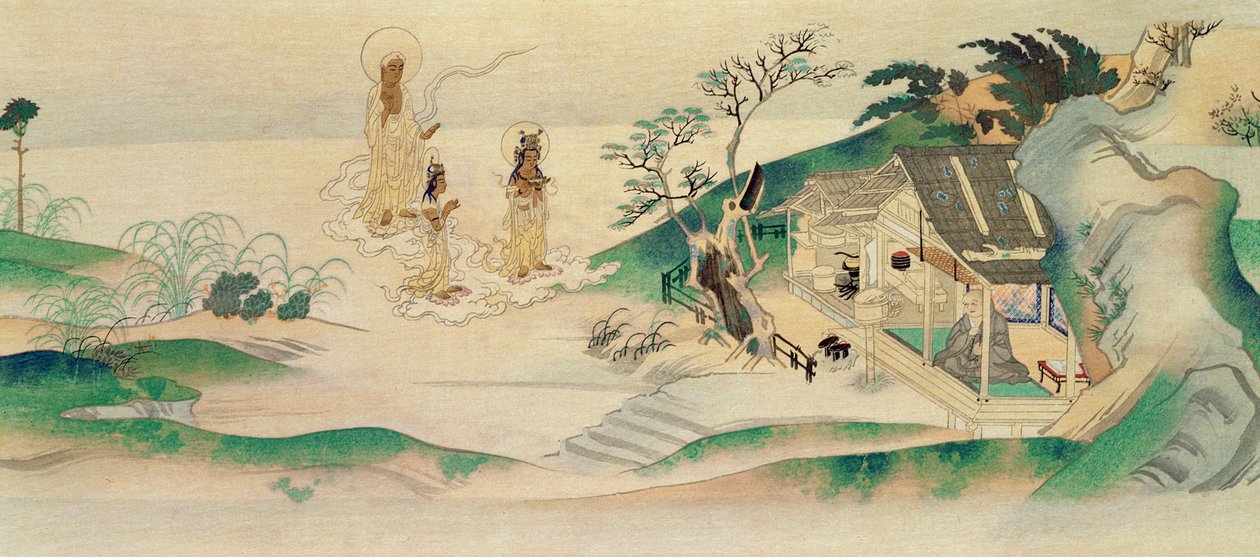 Amitayus Buddha och två Bodhisattvor besöker munken Honen (f.1132), illustration publicerad i tidningen Tokka i mars 1902 av Yoshimitsu Tosa