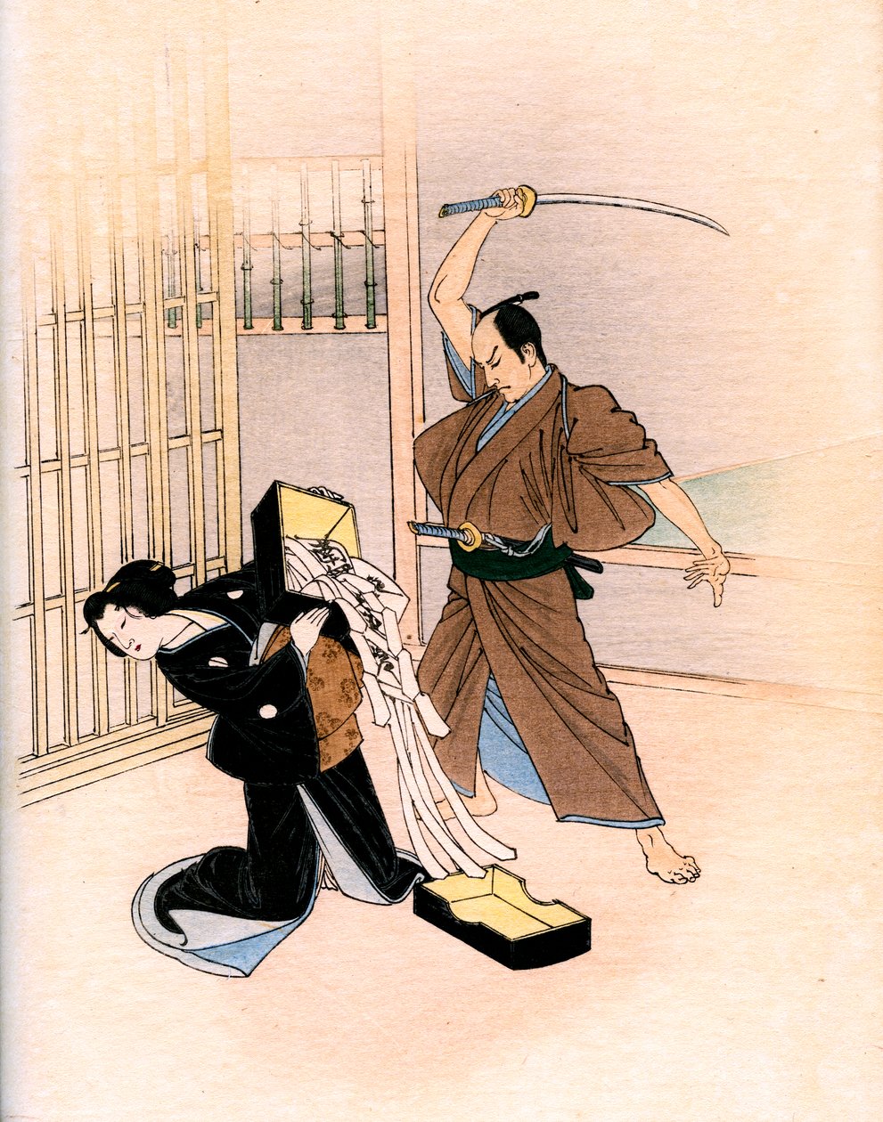 Traditionell japansk teater: en skådespelare hotar en skådespelerska med ett svärd av Yoshimune Arai