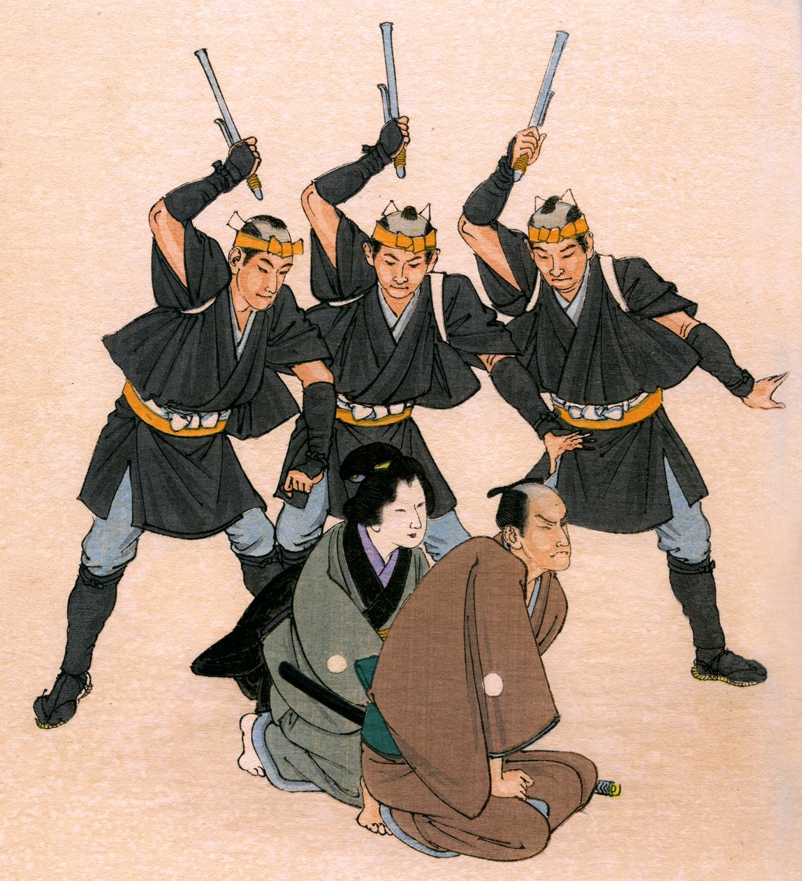 Traditionell japansk teater: tre beväpnade män hotar en manlig och en kvinnlig karaktär av Yoshimune Arai