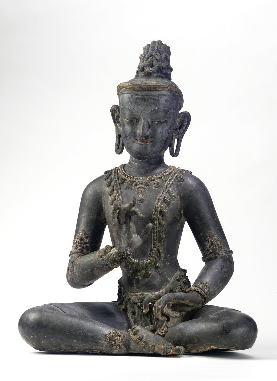 Bodhisattva i nepalesisk-kinesisk stil (lack, tyg, spår av blå, guld och grön färg och bladguld) av Yuan Dynasty Chinese School