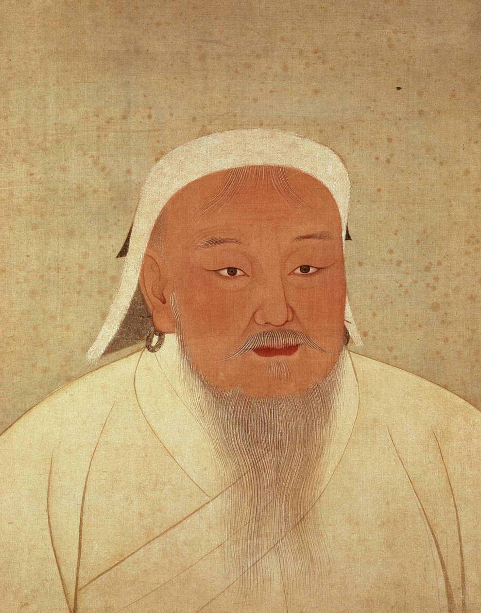 Porträtt av Djingis Khan (ca 1162-1227), Mongol Khan, grundare av den kejserliga dynastin, Yuan, vilket gör Kina till centrum för det stora mongoliska imperiet (1260-1368), (bläck och wc på siden, sidenmönstrad bård av Yuan Dynasty Chinese School