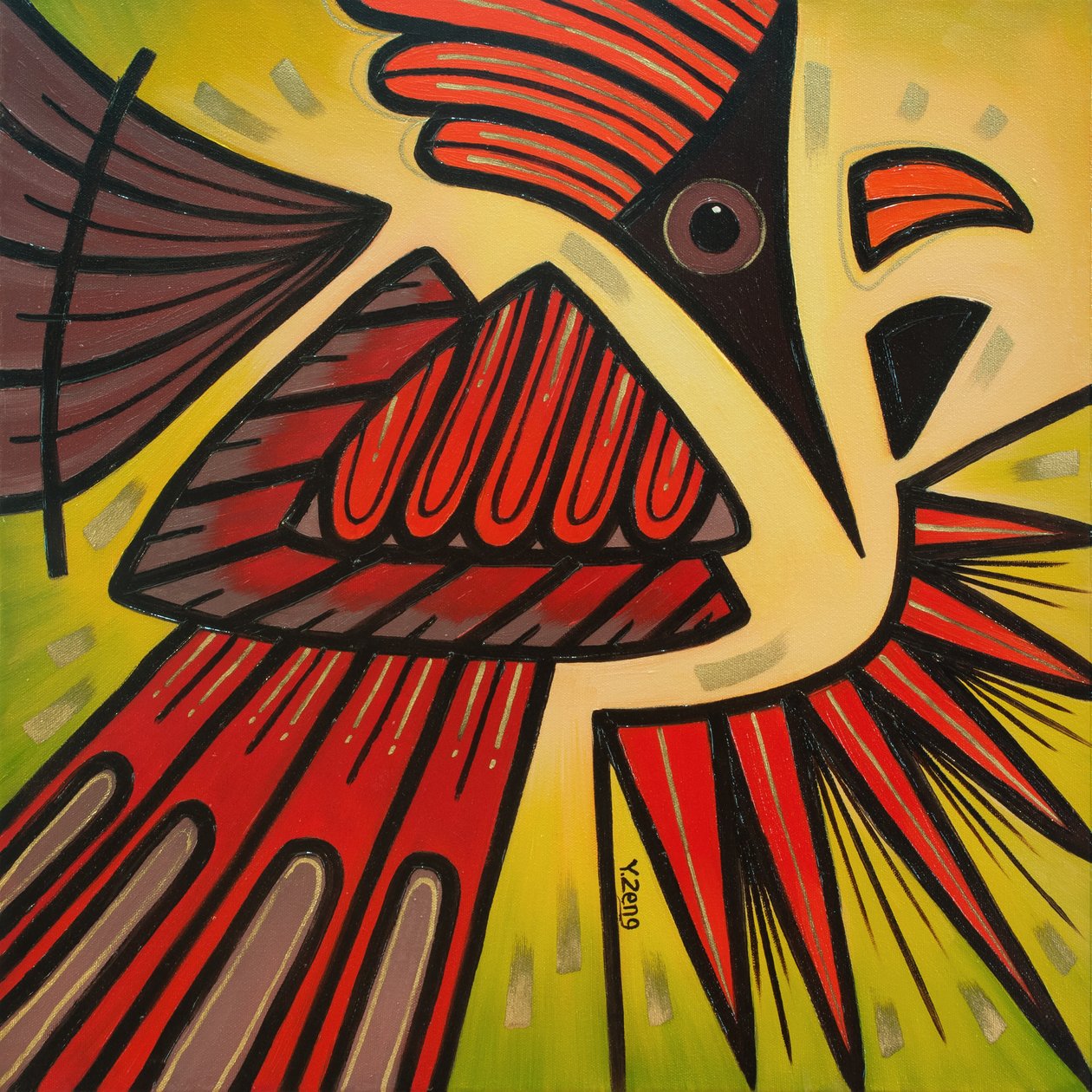 Backyard bird Cardinal, 2023 (olja på duk) av Yue Zeng
