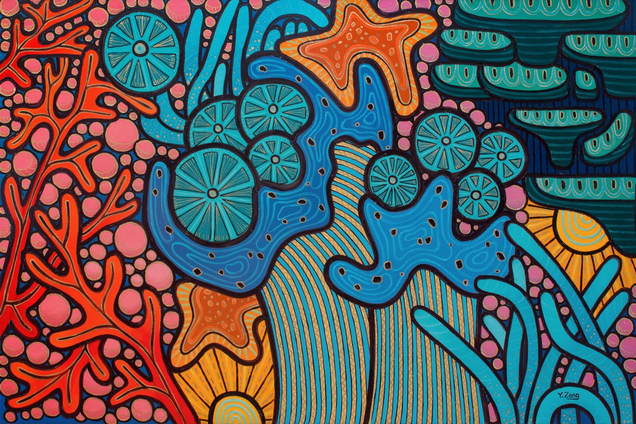 Coral reef blue, 2023 (blandteknik på träskiva) av Yue Zeng