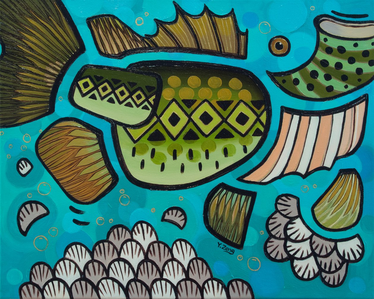 Sötvattensfiskar Largemouth bass, 2023 (olja på duk) av Yue Zeng