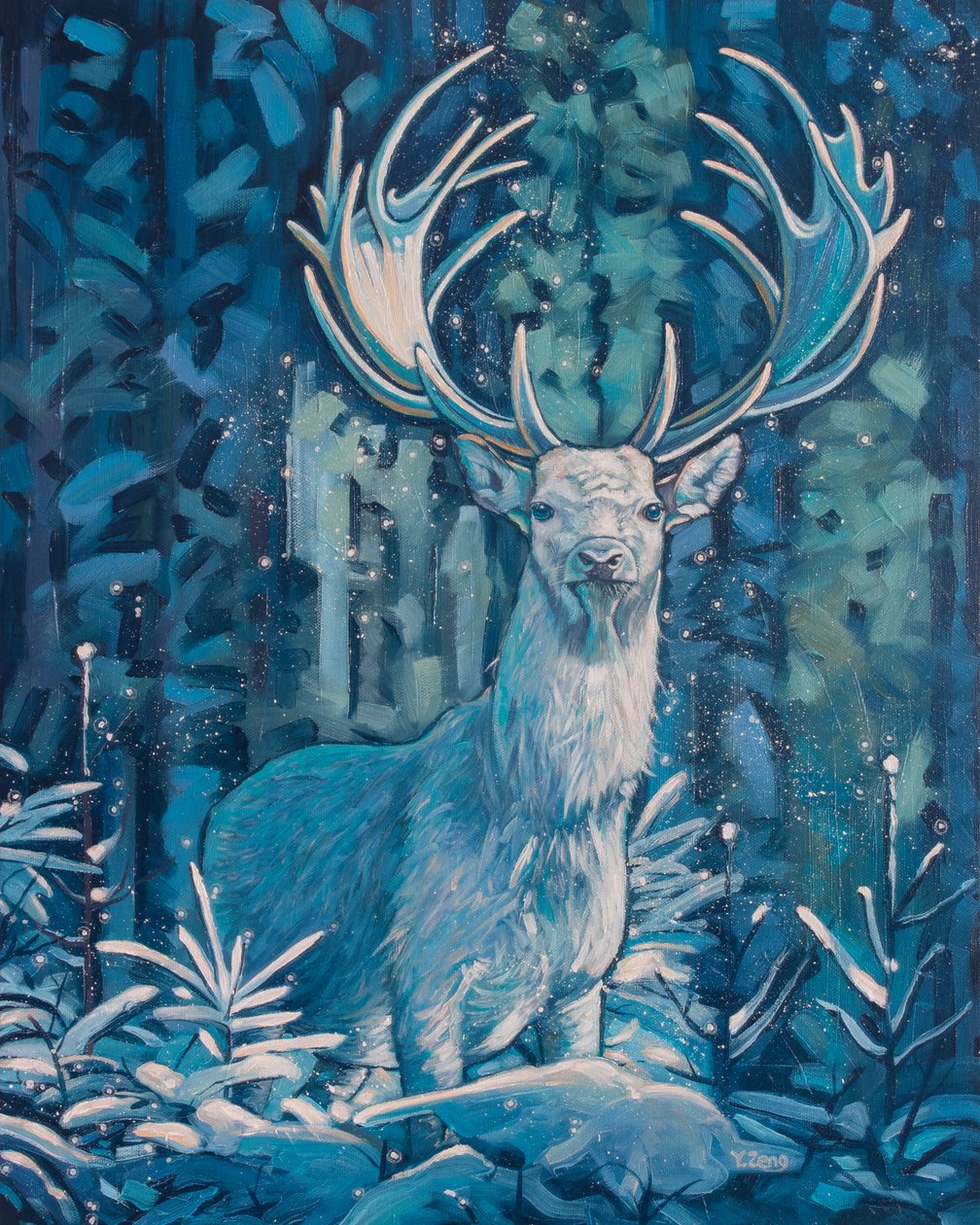 Frosty stag, 2023 (olja på duk) av Yue Zeng