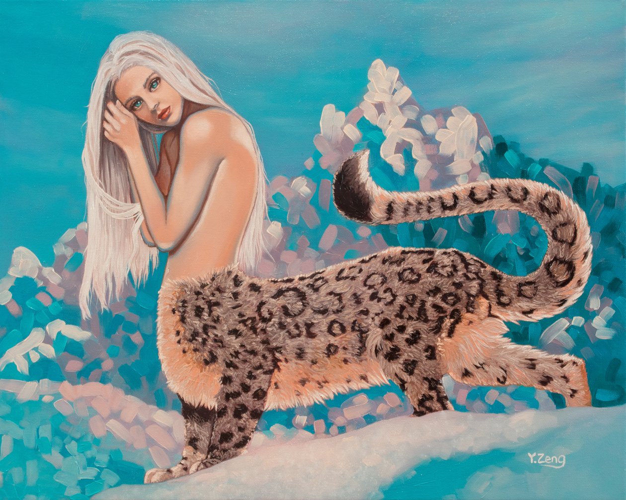 Leopardkvinna, 2023 (olja på duk) av Yue Zeng