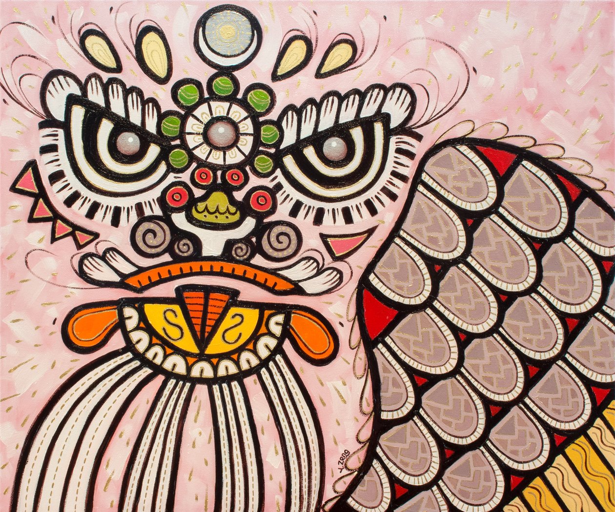 Lion dance white, 2022 (olja på duk) av Yue Zeng