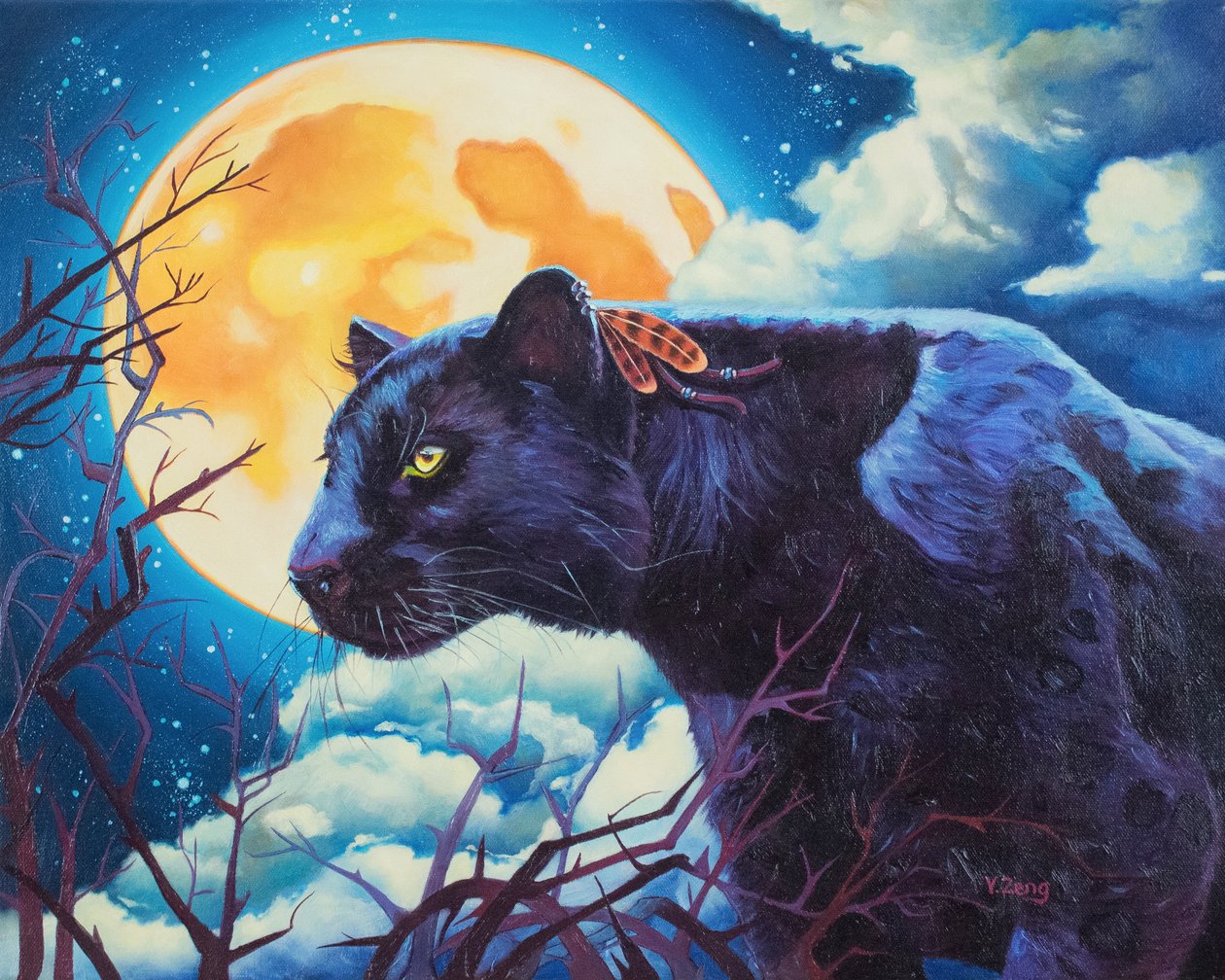 Nightwatcher Black Panther, 2023 (olja på duk) av Yue Zeng