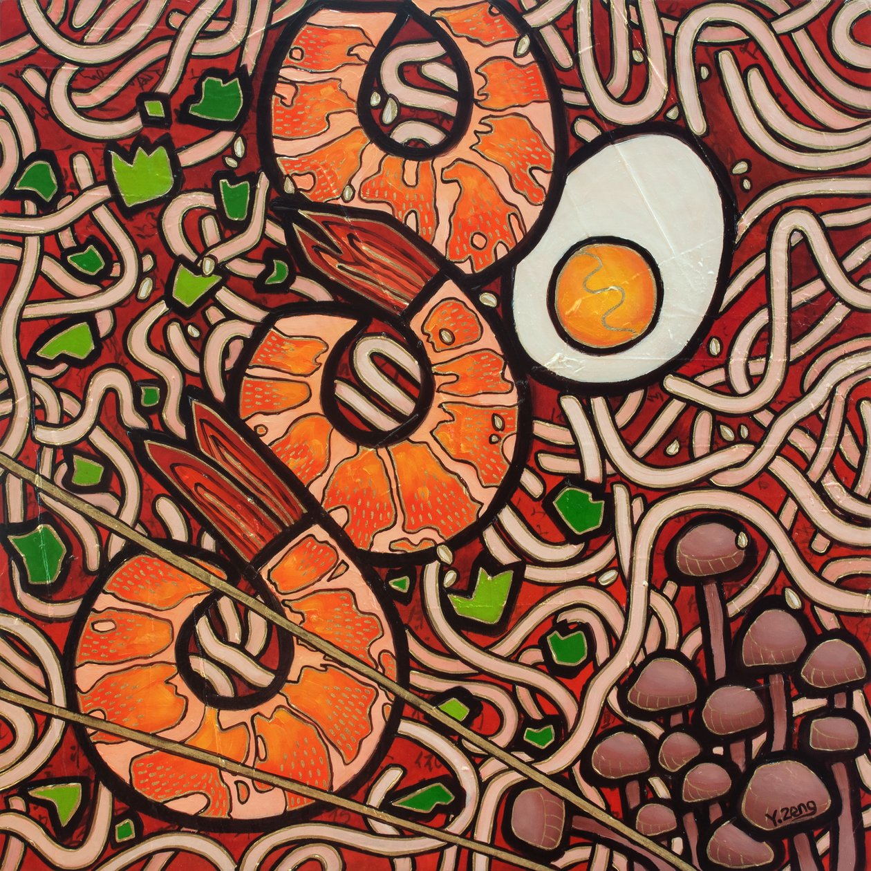 Ramen noodle Shrimp, 2023 (blandteknik på träskiva) av Yue Zeng