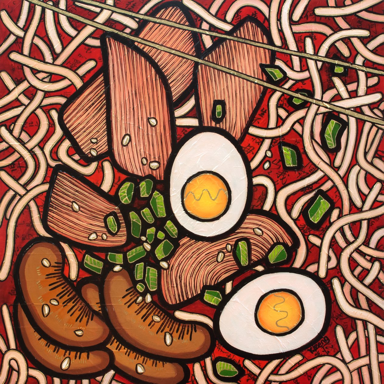 Ramen noodle chicken, 2023 (blandteknik på träskiva) av Yue Zeng