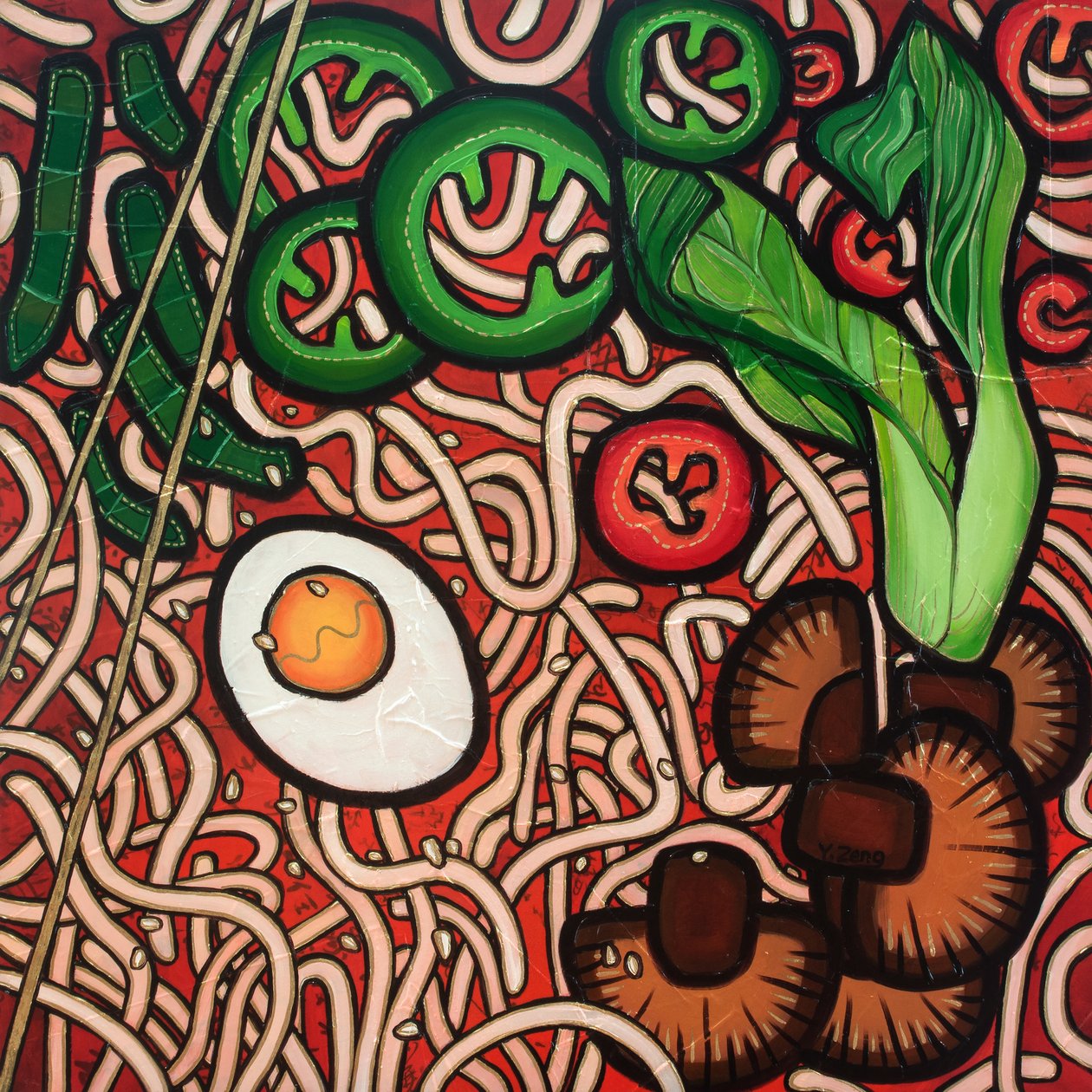 Ramen noodle vegetable, 2023 (blandteknik på träskiva) av Yue Zeng