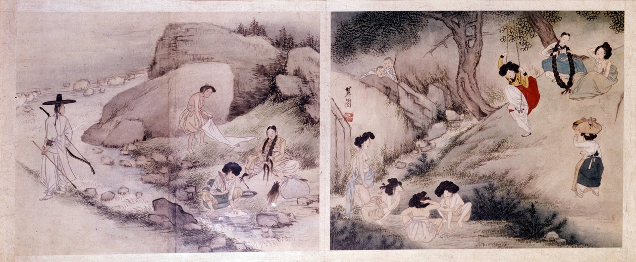 Art coreen: kvinnor som tvättar sina kläder och klär sig själva, och kvinnor som gör sina toaletter och underhåller sig själva. Tryck av Sin Yun Bok (eller Hyewon) (f. 1758). Hyung Pil Chun Collection av Yun bok Sin