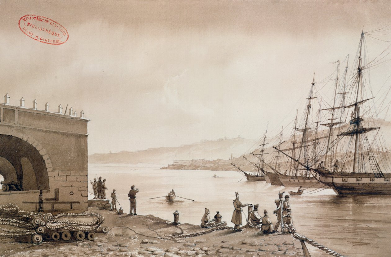 Utsikt över Fort Bab Azoun från hamnen, Alger, ca 1830-31 (wc på papper) av Yung