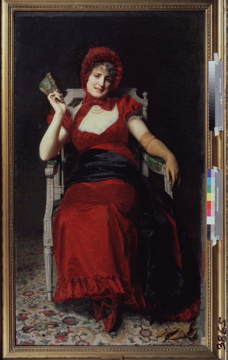 Kvinna i en Directoire-klänning (Lady in a Directoire Dress). Klänningen har på sig en handske och en solfjäder och är röd för att matcha hennes bandmössa och hennes skor. Målning av Yuri Jacovlevich Lehman (Youri Leman) (1834-1901), olja på t. av Yury Jacovlevich Lehman