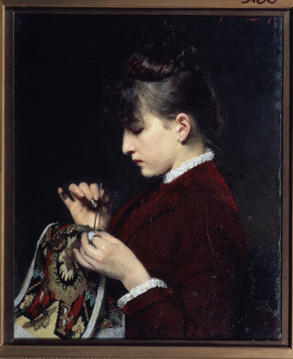 Broderskan. Ung flicka i profil, hennes ansikte allvarligt, koncentrerad på sin uppgift, hennes händer håller hennes arbete och en nål. Målning av Yuri Jacovlevich Lehman (Youri Leman) (1834-1901), olja på duk av Yury Jacovlevich Lehman