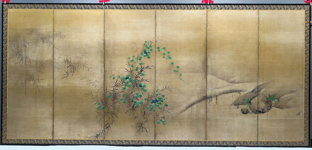 Vinter- och sommarblommor, en av ett par vikskärmar med sex paneler, ca. 1600 (bläck, färg och guld på papper) av Yusho Kaiho