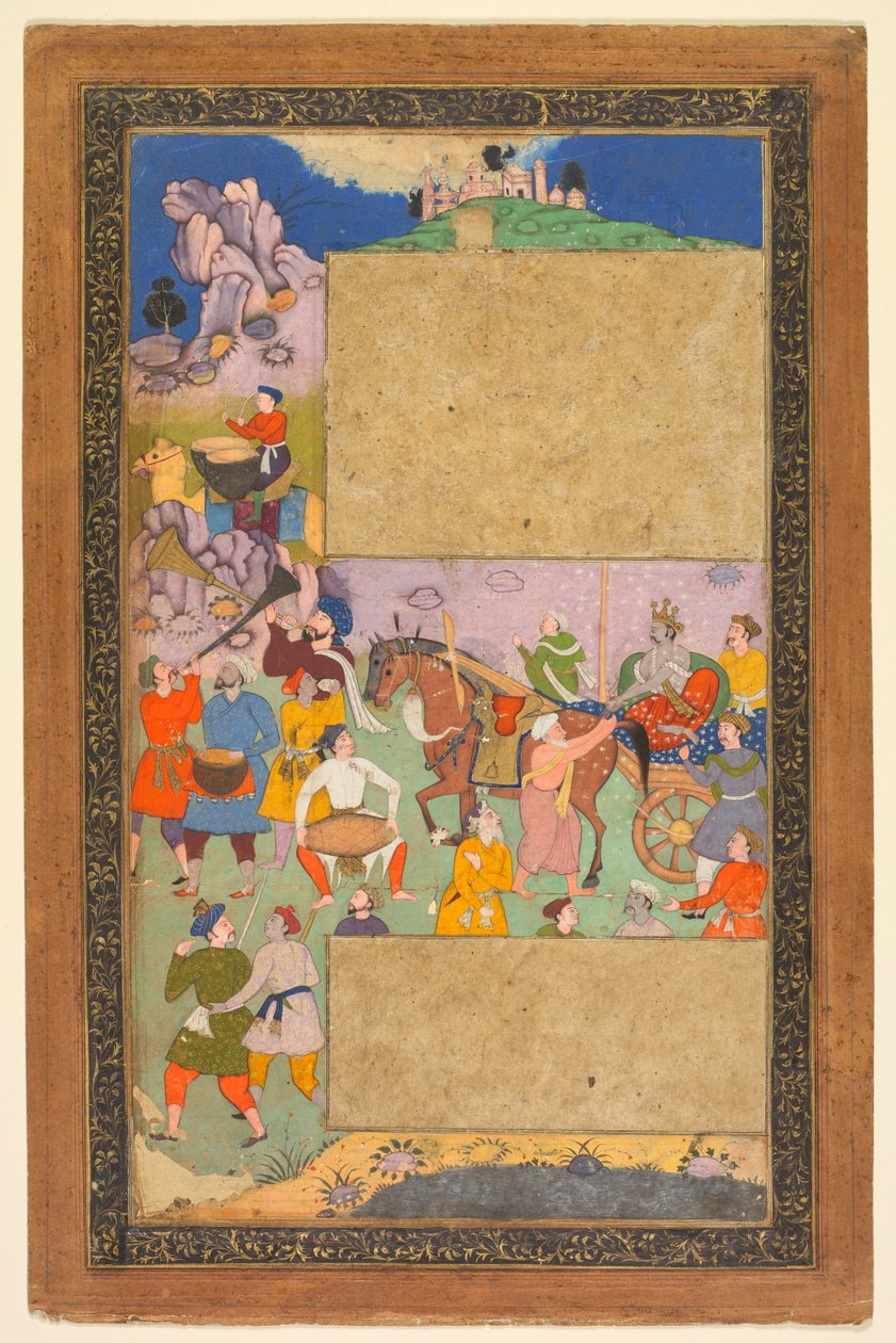 En vagnförare som rider genom ett stenigt landskap med ett följe av fotfolk och musiker..., 1616-16 av Yusuf Ali