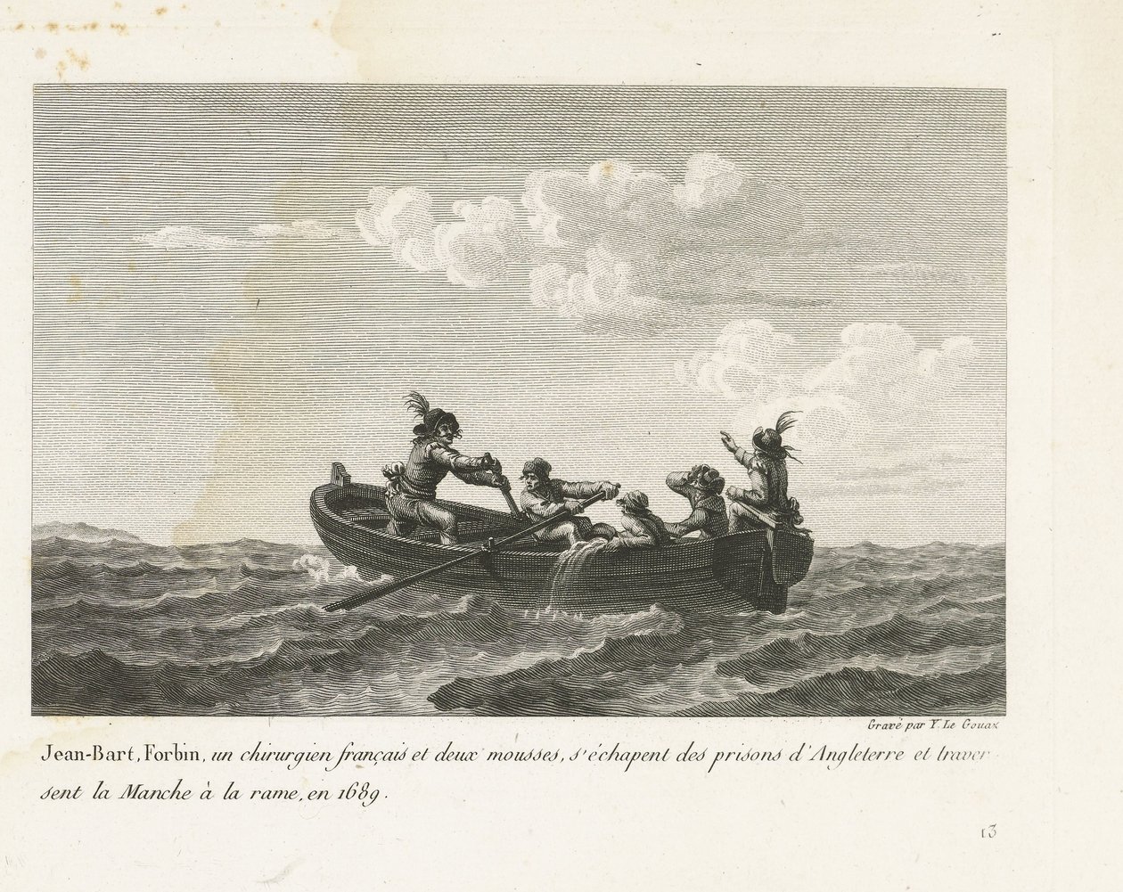 Jan Bart flyr från ett engelskt fängelse och korsar kanalen med roddbåt, 1689 Jean-Bart, Forbin, un operations français et deux mousses s