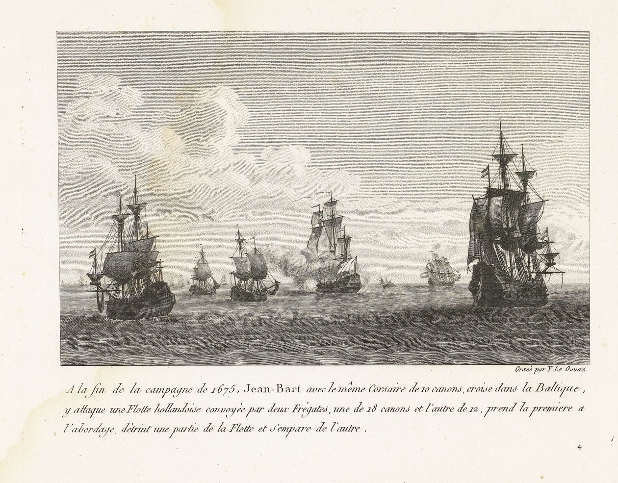 Jan Bart valt Hollandse schepen in de Baltische zee aan, 1675 I slutet av fälttåget 1675 anfaller Jean-Bart med samma Corsair på 10 kanoner, kryssningar i Östersjön, där en holländsk flotta (...) (titel på objektet) Samling av Jean-Bars slagsmål av Yves Marie Le Gouaz