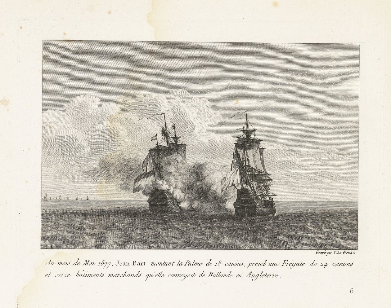 Jan Bart verovert een Hollands fregat, 1677 I maj månad 1677 monterade Jean-Bart 18-kanoners Palme, tog en 24-kanons fregatt och sexton handelsfartyg som hon konvojerade från Holland till England (titel på objekt) Samling av Jeas slagsmål av Yves Marie Le Gouaz
