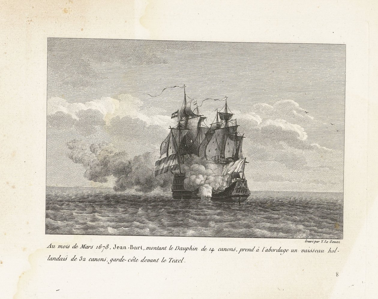 Jan Bart verovert een Hollands fregat, 1678 I mars 1678 gick Jean-Bart, som åkte på 14-kanonarna Dauphin, ombord på ett holländskt fartyg med 32 kanoner, kustbevakning framför Texel (titel på objektet) Samling av striderna av Jean-Bart, chef för Es av Yves Marie Le Gouaz