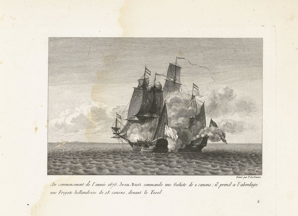 Jan Bart verovert een Hollands fregat bij Texel, 1675 I början av året 1675 befaller Jean-Bart en Galiote med 2 kanoner: han gick ombord på en holländsk fregatt med 18 kanoner, framför Texel (titel på objekt) Samling av Jean-B:s slagsmål av Yves Marie Le Gouaz