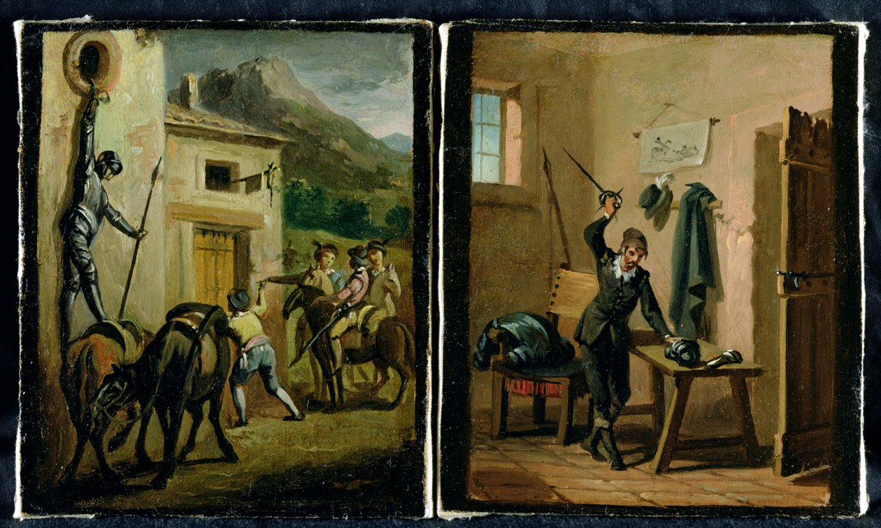 Don Quijote hänger från fönstret och förbereder sin rustning, två scener ur romanen av Cervantes av Zacarias Gonzalez Velazquez