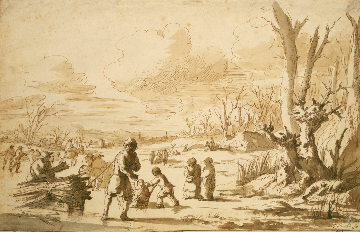 Enjoying the Ice, 1680 (penna och penna på papper) av Zacharias Blyhooft