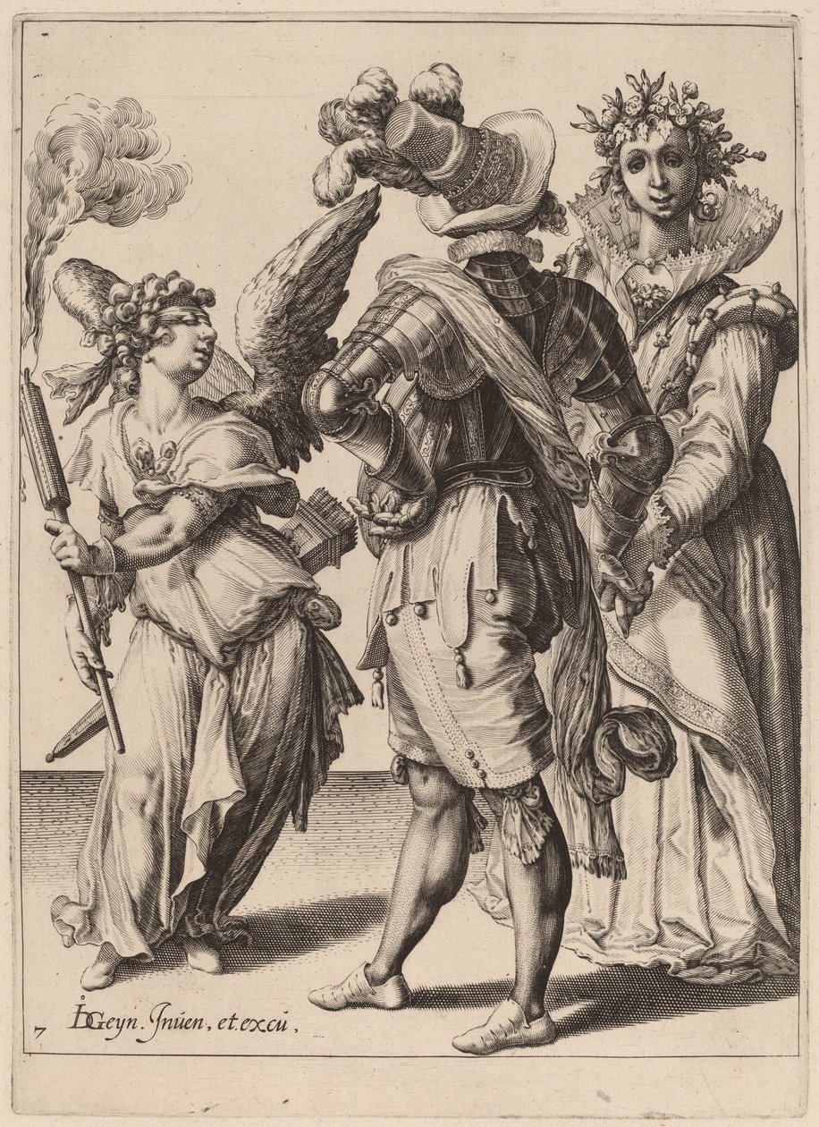 En Amor med ögonbindel som håller en ficklampa före ett par av Zacharias Dolendo after Jacques de Gheyn II