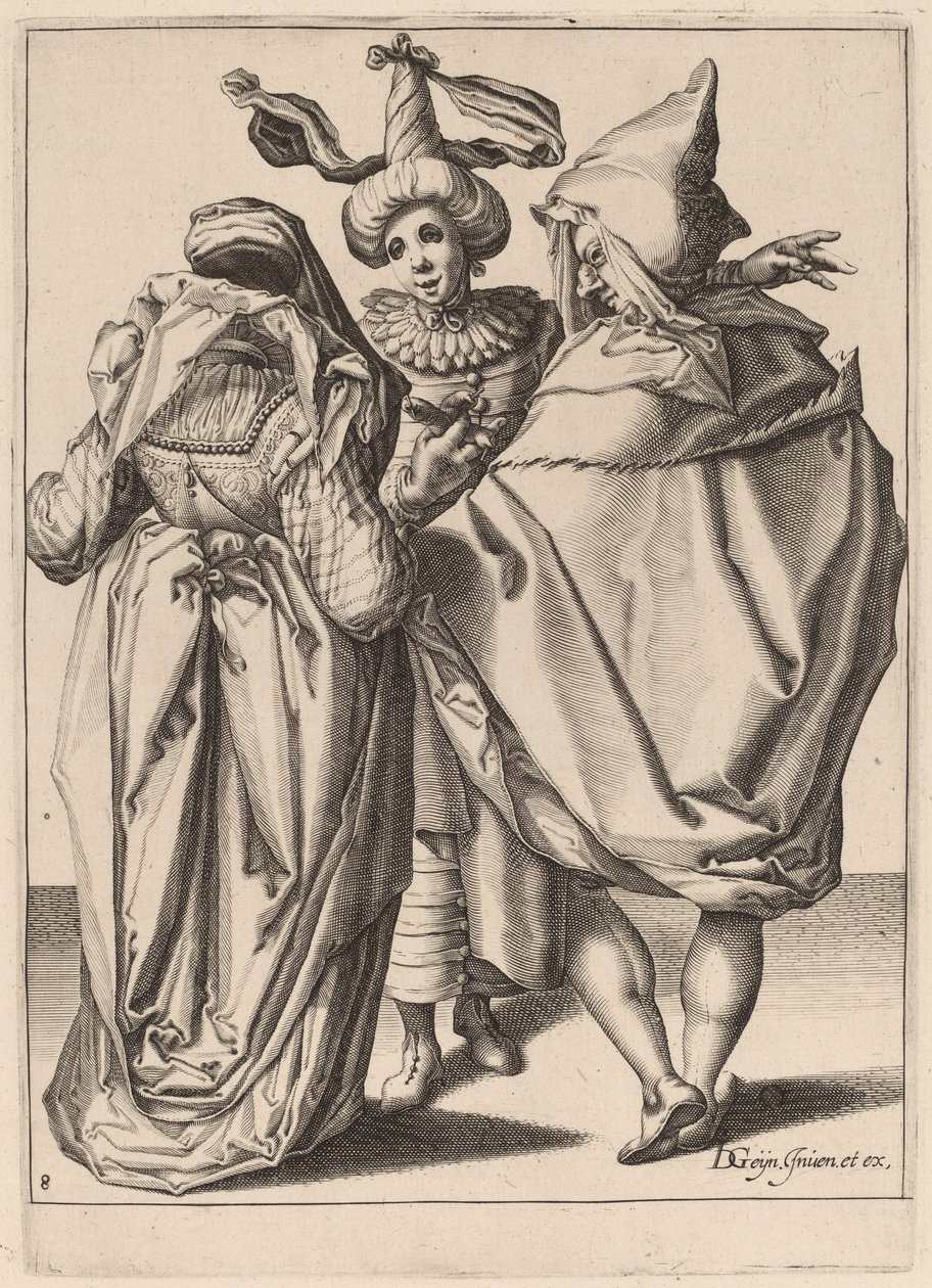 Ett par tilltalar en gestikulerande ung man av Zacharias Dolendo after Jacques de Gheyn II