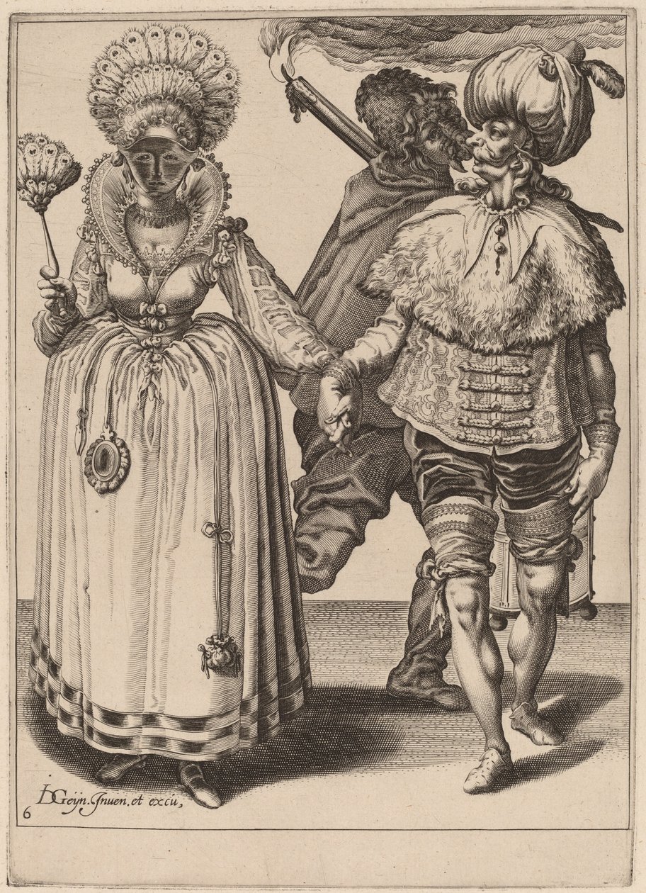 En man med en turban som leder en kvinna som bär påfågelfjädrar av Zacharias Dolendo after Jacques de Gheyn II