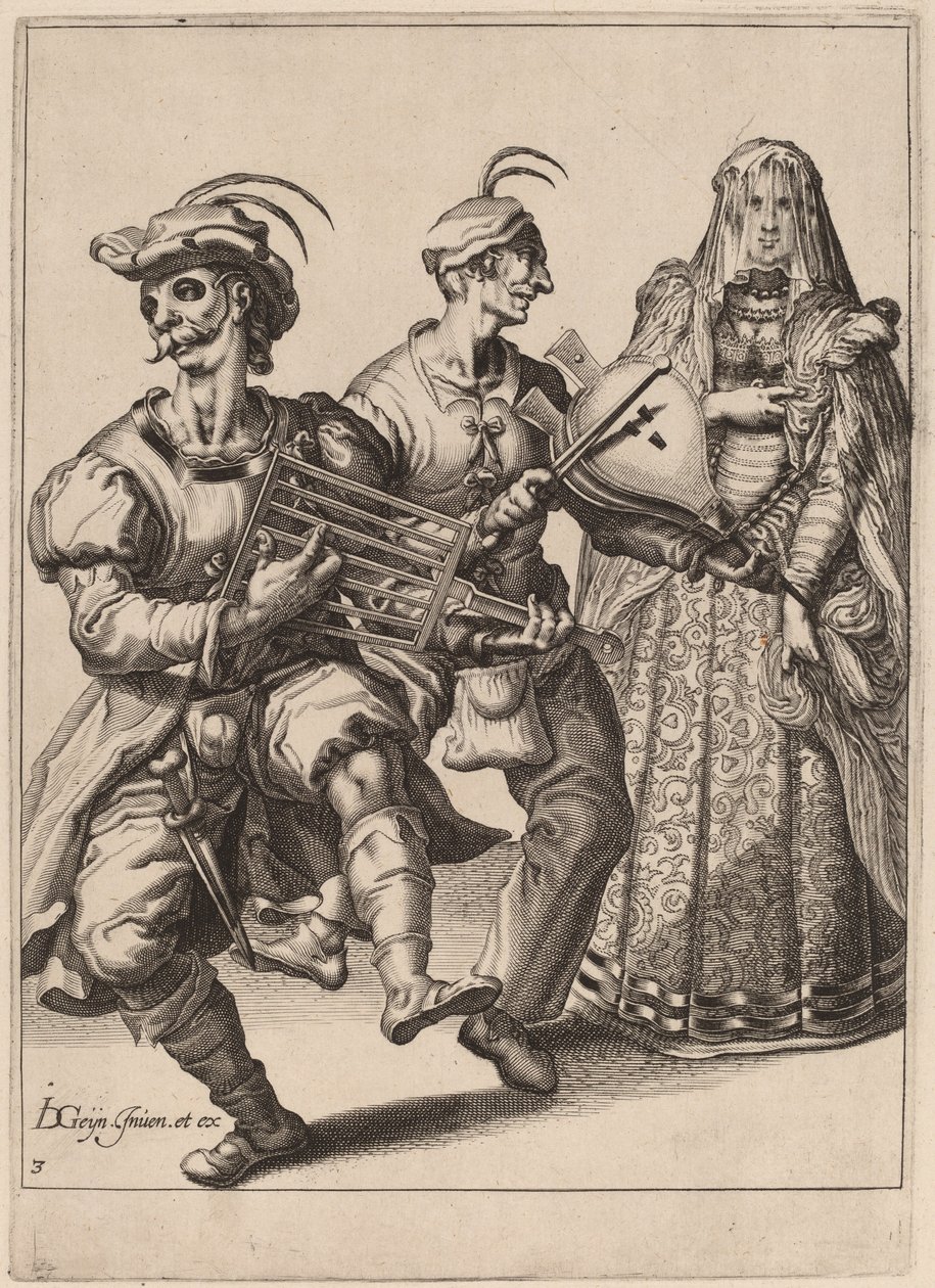 En beslöjad kvinna med två musiker som spelar ett rutnät och en bälg av Zacharias Dolendo after Jacques de Gheyn II