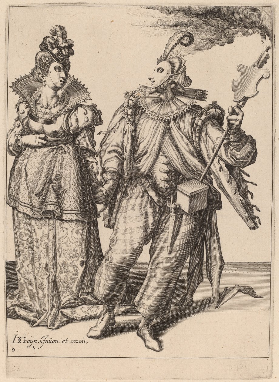 En kvinna ledd av en spelare som håller en fackla av Zacharias Dolendo after Jacques de Gheyn II
