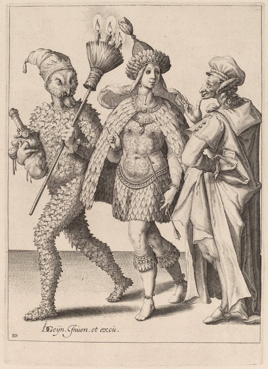 En gammal mamma tilltalar ett par klädda i fjädrar av Zacharias Dolendo after Jacques de Gheyn II