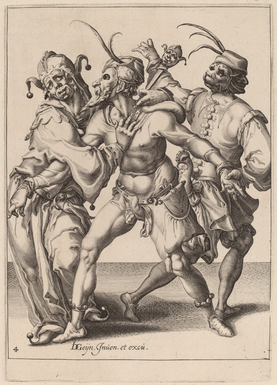Tre dansande mumrar, inklusive en gycklare av Zacharias Dolendo after Jacques de Gheyn II