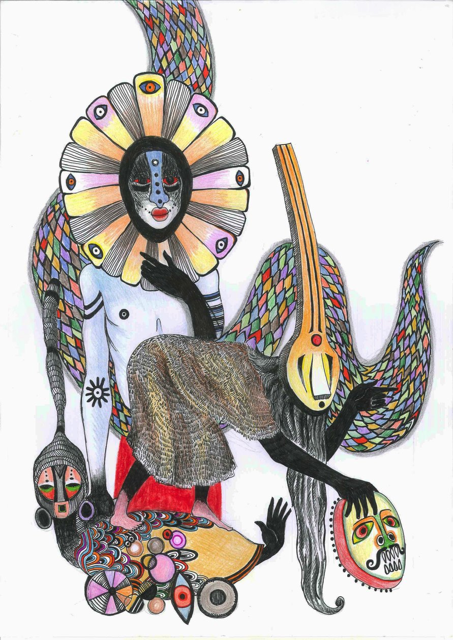 Dance of the Masks, 2012 (penna, bläck och färgpennor på papper) av Zanara Sabina Nedelcheva Williams