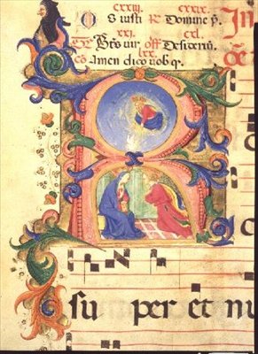 Missal 515 f.42r Historikerad initial R som visar bebådelsen, 1448-49 av Zanobi di Benedetto Strozzi
