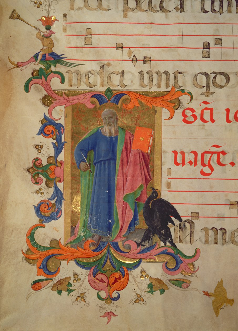 Missal 515 f.9r St. John the Evangelist, gränsen upplyst av Filippo do Mateo Torelli (1409-68) detalj från en körbok utförd före 1449 (för detaljer se 88908) av Zanobi di Benedetto Strozzi